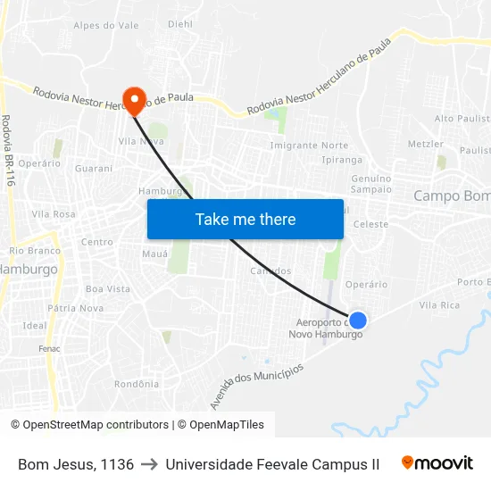 Bom Jesus, 1136 to Universidade Feevale Campus II map