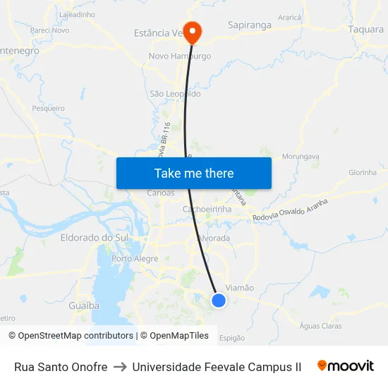 Rua Santo Onofre to Universidade Feevale Campus II map