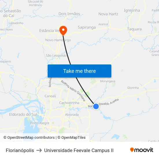 Florianópolis to Universidade Feevale Campus II map