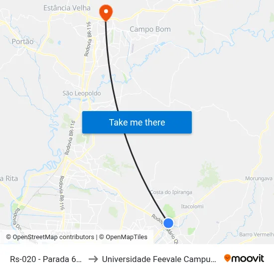 Rs-020 - Parada 69a to Universidade Feevale Campus II map