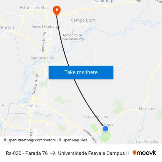Rs-020 - Parada 76 to Universidade Feevale Campus II map