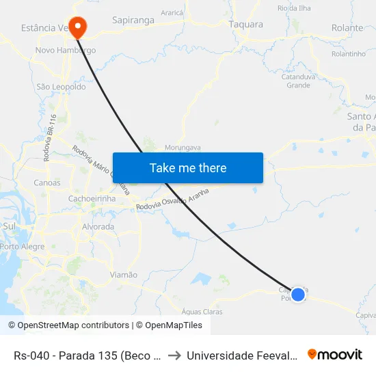 Rs-040 - Parada 135 (Beco Dos Botinhas) to Universidade Feevale Campus II map