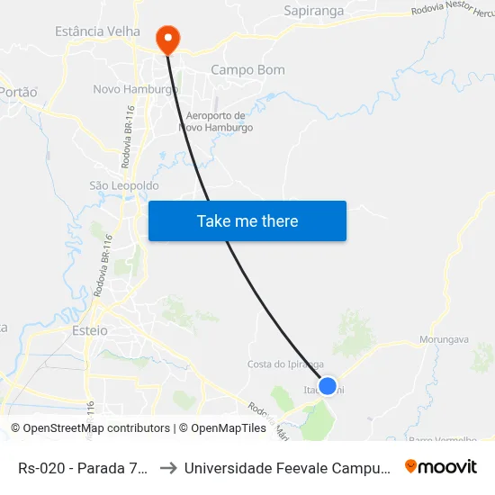 Rs-020 - Parada 79a to Universidade Feevale Campus II map