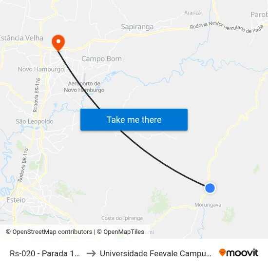 Rs-020 - Parada 100 to Universidade Feevale Campus II map