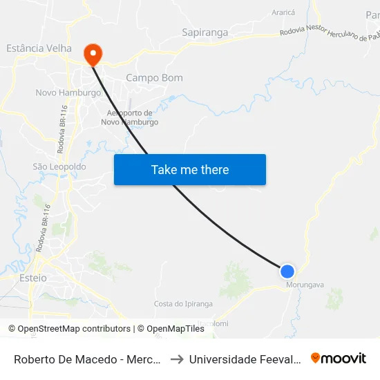 Roberto De Macedo - Mercado Cerro Azul to Universidade Feevale Campus II map