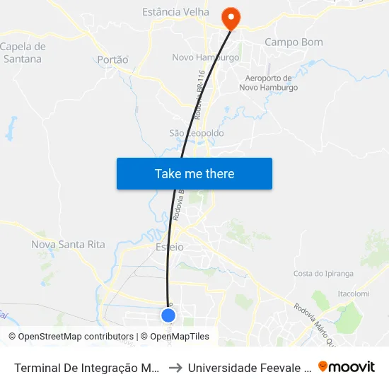 Terminal De Integração Mathias Velho to Universidade Feevale Campus II map