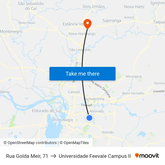 Rua Golda Meir, 71 to Universidade Feevale Campus II map
