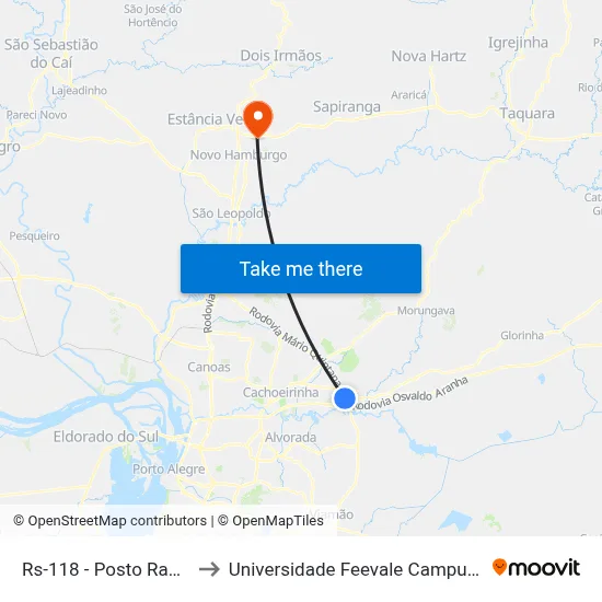 Rs-118 - Posto Radar to Universidade Feevale Campus II map