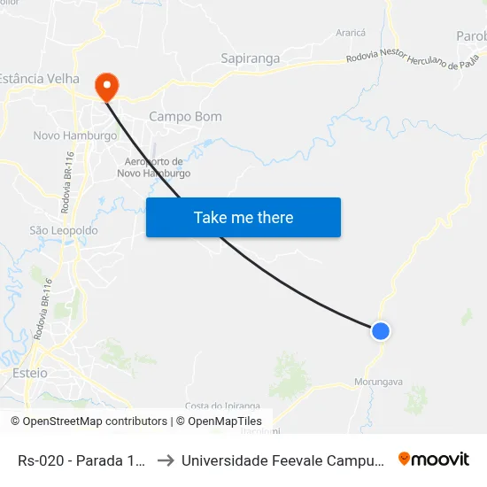 Rs-020 - Parada 102 to Universidade Feevale Campus II map