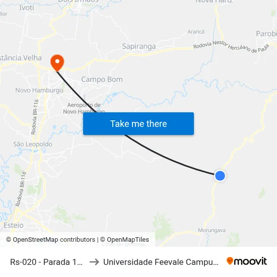 Rs-020 - Parada 107 to Universidade Feevale Campus II map