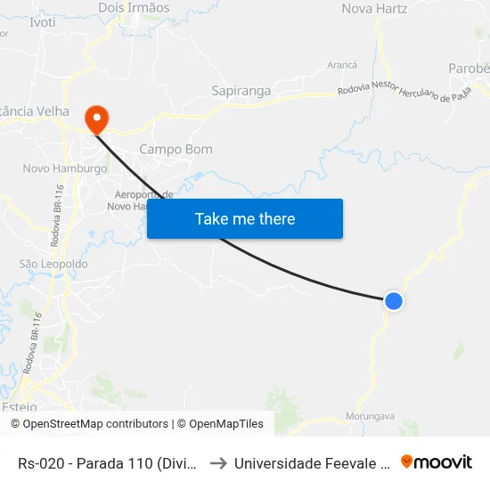 Rs-020 - Parada 110 (Divisa Taquara) to Universidade Feevale Campus II map