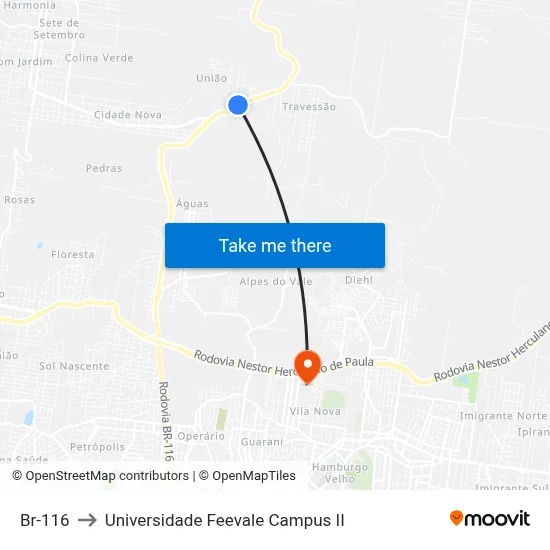 Br-116 to Universidade Feevale Campus II map