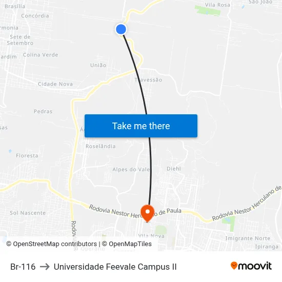 Br-116 to Universidade Feevale Campus II map