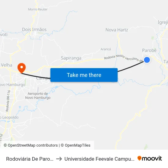 Rodoviária De Parobé to Universidade Feevale Campus II map