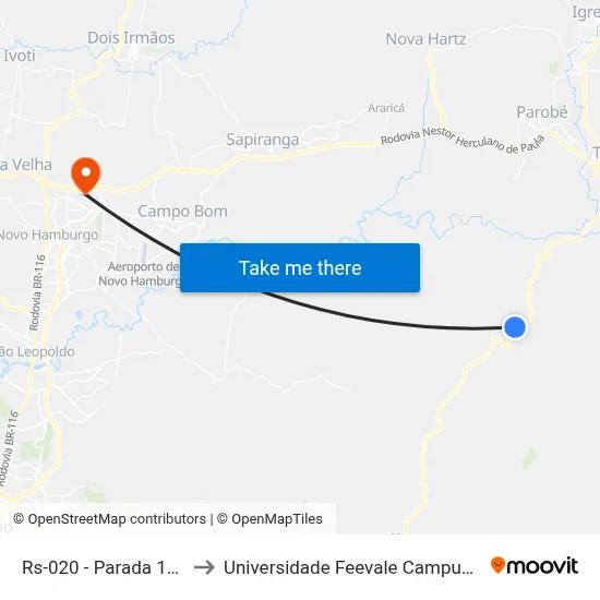 Rs-020 - Parada 123 to Universidade Feevale Campus II map