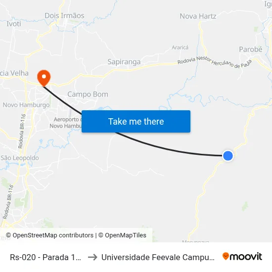 Rs-020 - Parada 118 to Universidade Feevale Campus II map