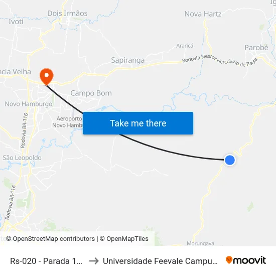 Rs-020 - Parada 117 to Universidade Feevale Campus II map