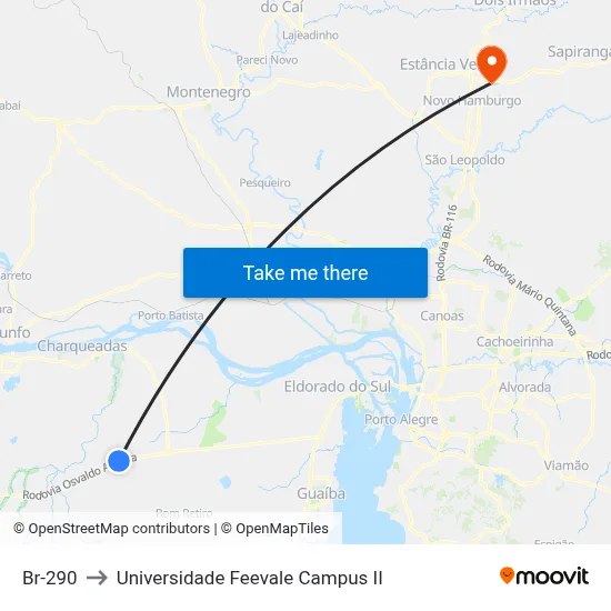 Br-290 to Universidade Feevale Campus II map