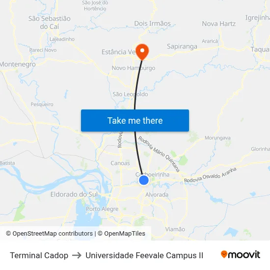 Terminal Cadop to Universidade Feevale Campus II map