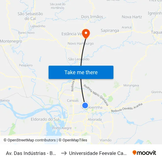 Av. Das Indústrias - Bomber to Universidade Feevale Campus II map
