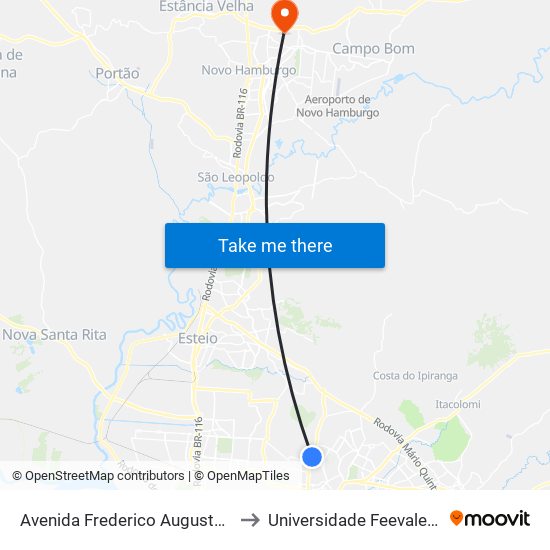 Avenida Frederico Augusto Ritter, 3601 to Universidade Feevale Campus II map