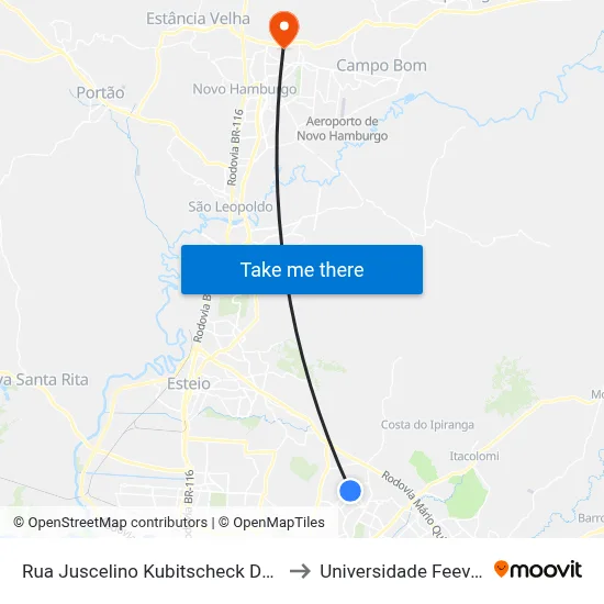 Rua Juscelino Kubitscheck De Oliveira, 1202-1230 to Universidade Feevale Campus II map