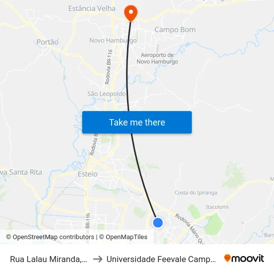 Rua Lalau Miranda, 43 to Universidade Feevale Campus II map