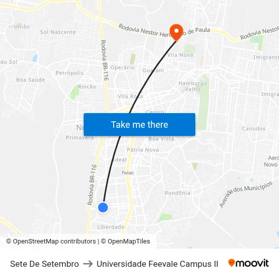 Sete De Setembro to Universidade Feevale Campus II map