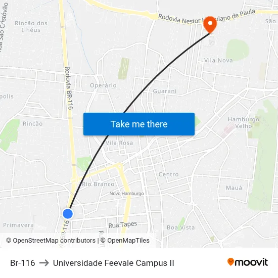 Br-116 to Universidade Feevale Campus II map