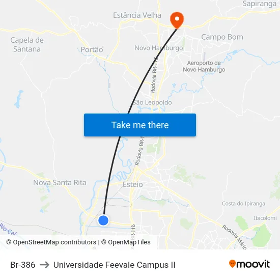 Br-386 to Universidade Feevale Campus II map