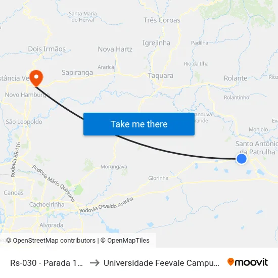 Rs-030 - Parada 172 to Universidade Feevale Campus II map