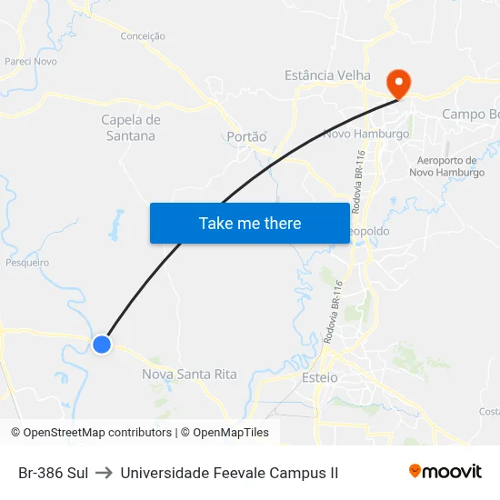 Br-386 Sul to Universidade Feevale Campus II map