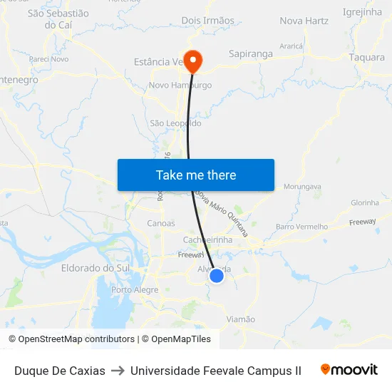 Duque De Caxias to Universidade Feevale Campus II map