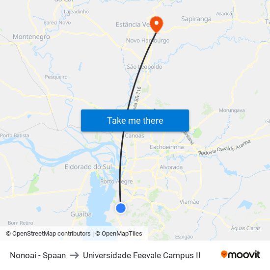 Nonoai - Spaan to Universidade Feevale Campus II map