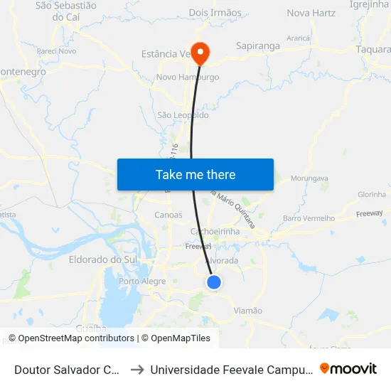 Doutor Salvador Célia to Universidade Feevale Campus II map