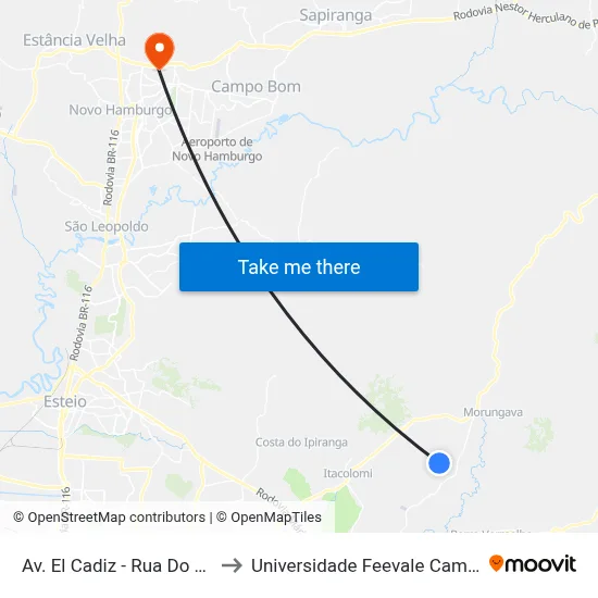 Av. El Cadiz - Rua Do Lazer to Universidade Feevale Campus II map