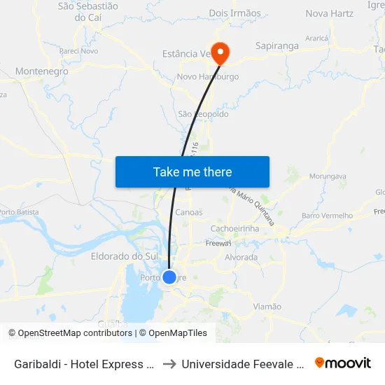 Garibaldi - Hotel Express Rodoviária to Universidade Feevale Campus II map