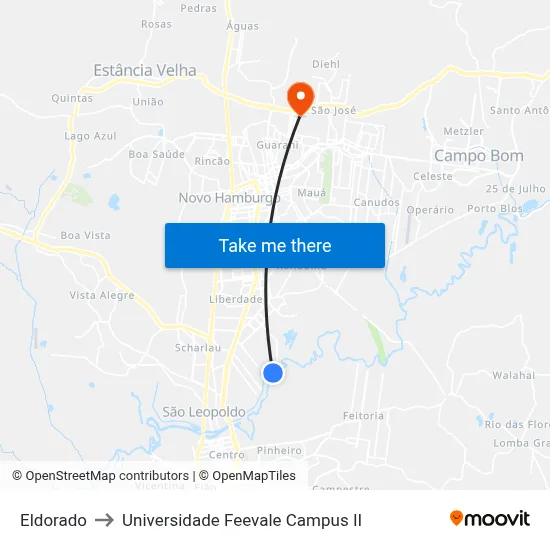 Eldorado to Universidade Feevale Campus II map