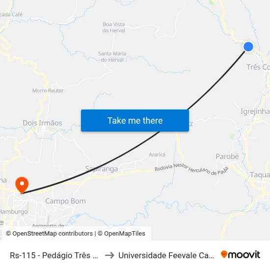 Rs-115 - Pedágio Três Coroas to Universidade Feevale Campus II map