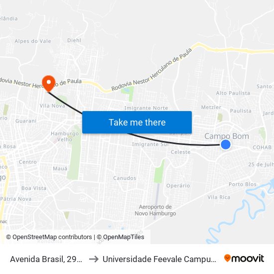 Avenida Brasil, 2979 to Universidade Feevale Campus II map