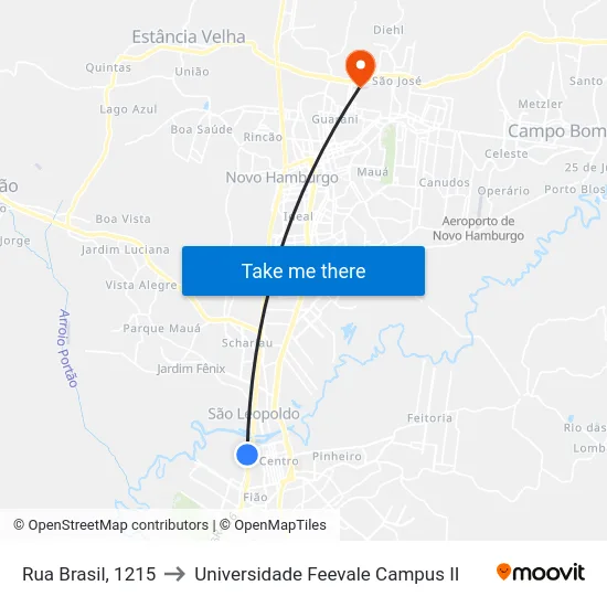 Rua Brasil, 1215 to Universidade Feevale Campus II map