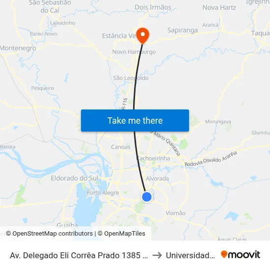Av. Delegado Eli Corrêa Prado 1385 - Alto Petrópolis Porto Alegre - Rs 91260-300 Brasil to Universidade Feevale Campus II map