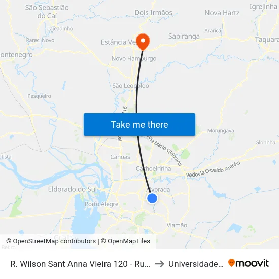 R. Wilson Sant Anna Vieira 120 - Rubem Berta Porto Alegre - Rs 91180-140 Brasil to Universidade Feevale Campus II map