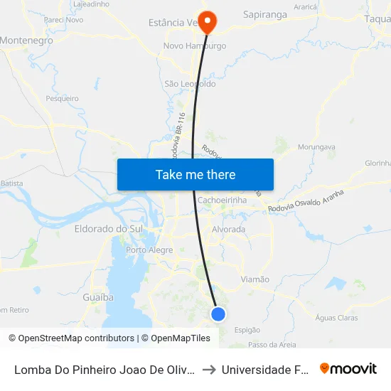 Lomba Do Pinheiro Joao De Oliveira Remiao Viamão - Rs Brasil to Universidade Feevale Campus II map