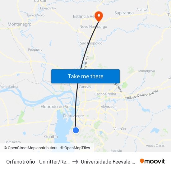 Orfanotrófio - Uniritter/Rede Pampa to Universidade Feevale Campus II map