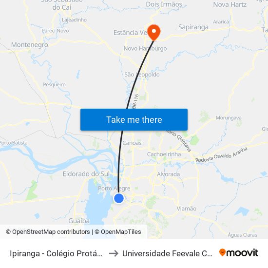 Ipiranga - Colégio Protásio Alves to Universidade Feevale Campus II map
