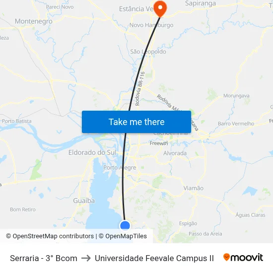 Serraria - 3° Bcom to Universidade Feevale Campus II map