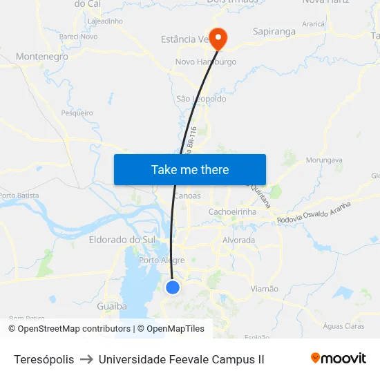 Teresópolis to Universidade Feevale Campus II map