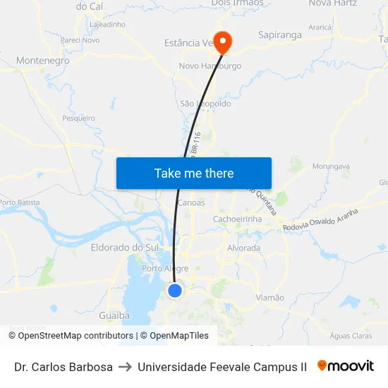 Dr. Carlos Barbosa to Universidade Feevale Campus II map