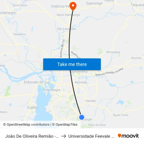 João De Oliveira Remião - Parada 29 to Universidade Feevale Campus II map